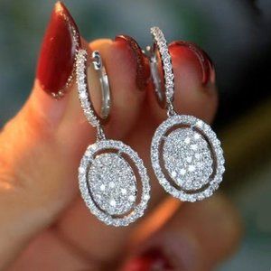 "White CZ Diamond Classic Oval Shaped Dangle Earrings, GPMB1578